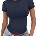 Trendy Queen Womens Basic T Shirts Summer Tops 2025 Crop Short Sleeve Slim Fit Tee Cute Gym Workout Clothes (Medium, Navy)