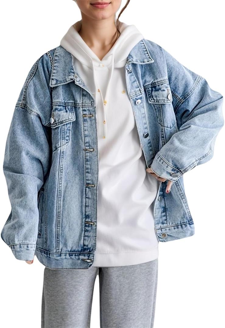 LifeShe Oversized Denim Jacket Women Boyfriend Jean Jacket Trendy Loose Shacket Fall Trucker Coats (Medium, Light Blue)