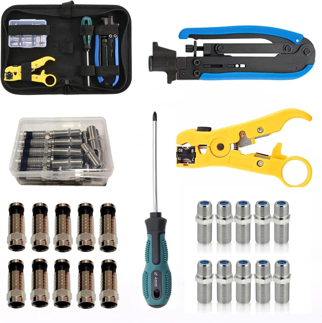 Coax Cable Crimper Tool Kit, Coaxial Compression Tool for rg6 rg59 rg11 with 1 Wire Stripper, 10pcs F Male rg6 Connectors And 10pcs Female to Female rg6 Connectors, 1 Screwdriver