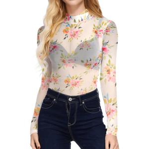 Floral Lace Mesh Top Women Long Sleeve Sheer Tops Mock Neck See Through Tee Shirts Fitted Sexy Going Out Outfits (L)