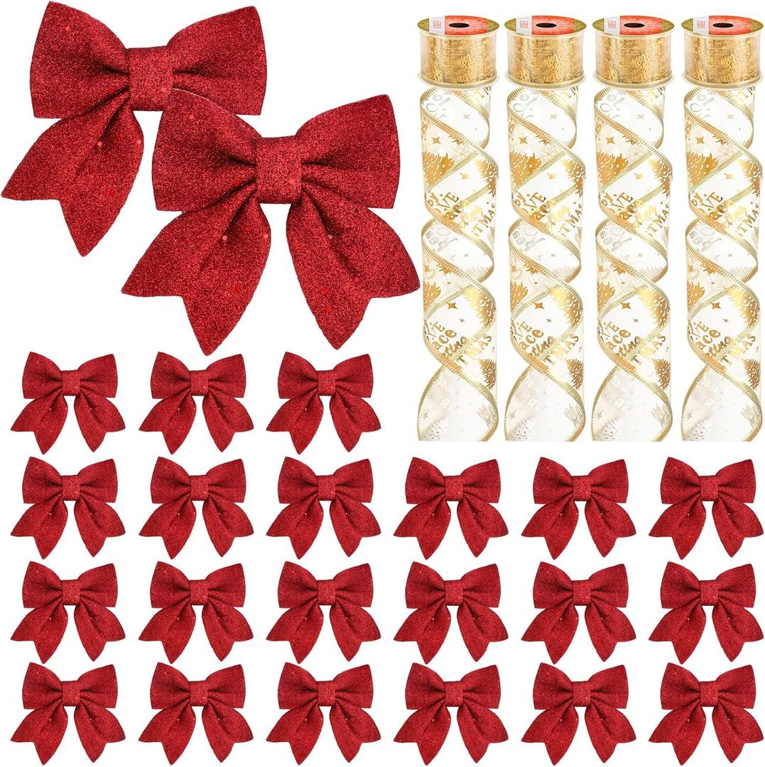 23pcs 5.5'' Mini Christmas Bow Decorations and 4 Rolls Sheer Glitter Ribbon, Sequin Wreaths Bows and Organza for Christmas Tree Ornaments Gift Wrapping (Red Bow and Golden Ribbon)
