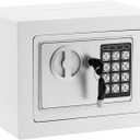 Small Safe Box With Digital Keypad & Keys - 9.05 x 6.7 x 6.7 Inches Wall Safe 0.23 Cuft Mini Security Lock for Coin Home Office Hotel Rooms Business Jewelry Gun (White)