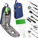 12 Pcs Camp Cooking Utensil Set & Outdoor Kitchen Gear Cookware Kit, Portable Compact Carry Case for Camping, Hiking, Travel, BBQ Grilling Stainless Steel Accessories Spoon & Fork, Navy