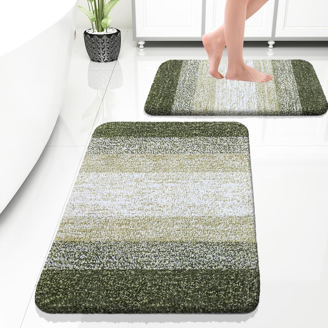 OLANLY Bathroom Rug Set 2 Piece, Soft Absorbent Microfiber Bath Rug Set, Non-Slip, Machine Wash Dry, Plush Shaggy Bath Mats for Bathroom (30"x20"+24"x16", Dark Green)
