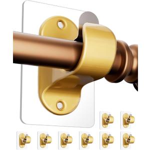 No Drilling Curtain Rod Brackets, 8-Pack Gold Self Adhesive Curtain Holders, Adjustable Stick on Wall Curtain Rod Hooks Fit for 0.5'' to 1.3'' Dia Curtain Rods, Hold Weight Up to 20lbs