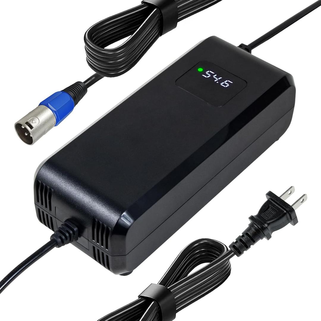 YZPOWER 54.6V 4A Lithium Battery Charger for 48V 13s li-ion Battery 3Pin Male XLR ConnectorFeatures HD Display of Current Charging VoltageMultiple Safety Protections Auto Shutting Off