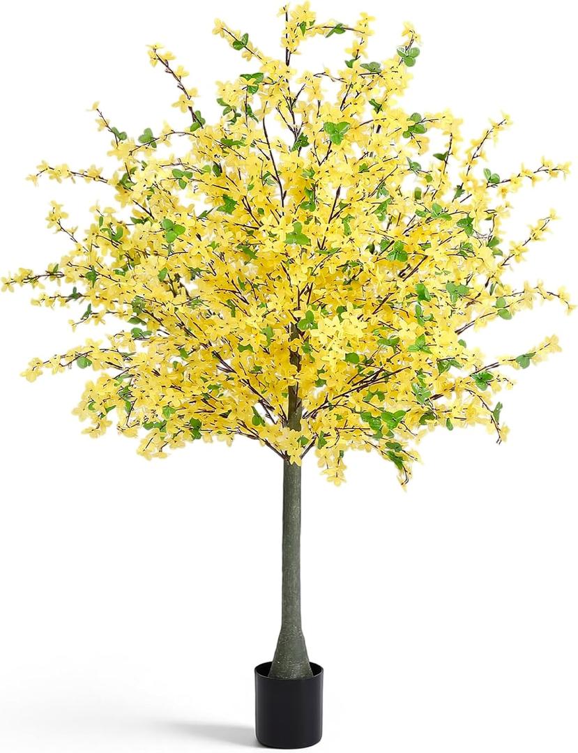 Thiccywoov 1 Pack 4FT Yellow Artificial Forsythia Tree, Faux Spring Forsythia Flower Branches Plant with Pot, Lifelike Fake Tree for Living Room Corner, Entryway, Porch Indoor Outdoor Decor