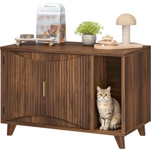 HOOBRO Cat Litter Box Enclosure, 31.5" Hidden Litter Box Furniture with Wave-Patterned Door & Side Entrance, Litter Box Cabinet with Raised Wooden Legs, Living Room End Side Table, Walnut WL28MW01