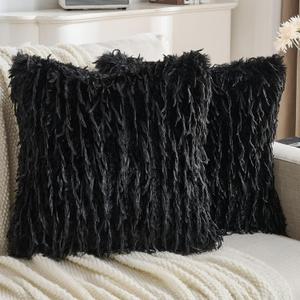 FUTEI Pack of 2 Faux Feather Plush Throw Pillow Covers 20x20 Inch Soft Fluffy Solid Farmhouse Decorative Cushion Cases Modern Luxury Accent for Couch Bed Living Room, Black