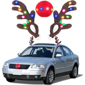 Christmas Car Reindeer Antlers & Nose Decorations, Reindeer Antlers Kit with LED, Christmas Deer Vehicle Accessories Rudolph Exterior Auto Holiday Decoration for Car, SUV, Van, Truck