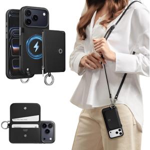 MAGEASY Designed for Phone 17 Pro Wallet Case with Crossbody Strap - Compatible with MagSafe Detachable Coin Purse & Card Slot, Leather Crossbody Lanyard, 16ft Drop Protection | Pouch M (Black)