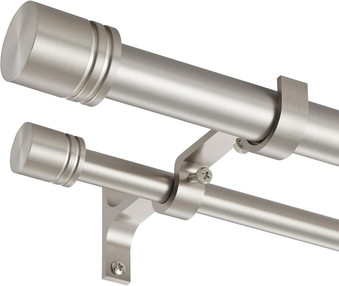 Double Curtain Rods 36-72 Inches for Windows, 1 Inch Diameter Adjustable Heavy Duty Drapery Rod with Aluminum Alloy Brackets and Finials, Modern Stylish Dual Curtains Rod, Brushed Nickel