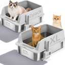2PACK Stainless Steel Cat Litter Box with High Sides Shield for Multi Cat, XL Extra Large Metal Litter Box with 2 Cat Litter Scoops & 2 Mats, Non-Stick, Odorless, Easy to Clean