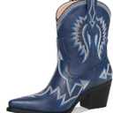 Western Boots for Women Metallic Embroidered Pointed Toe Cowgirl Boots Chunky Heel Pull-On Short Cowboy Boots Wide Calf Country Ankle Boots (Size 9)