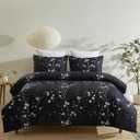 Soft Duvet Cover Set King Size with Zipper Closure and Corner Ties, Blossom/Branch Floral Printed Pattern Design, 3 Pieces Bedding Set, Black Color, Brushed Microfiber