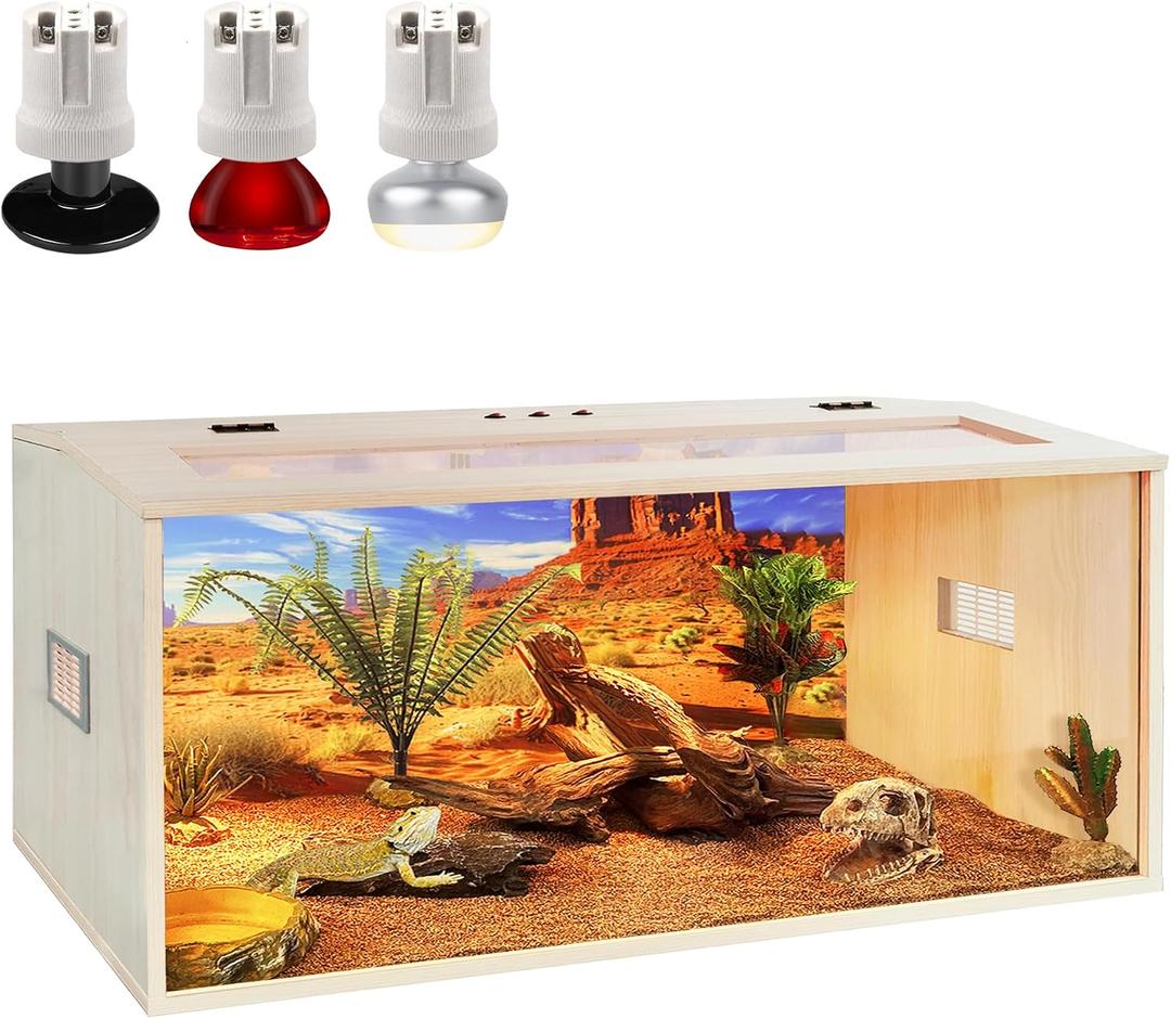 PROLEE Bearded Dragon Tank, 81 Gallons Wooden Reptile Enclosure, Tempered Glass Lizard Tank, Large Bearded Dragon Enclosure with Built-in Lamp Fixture for Lizard