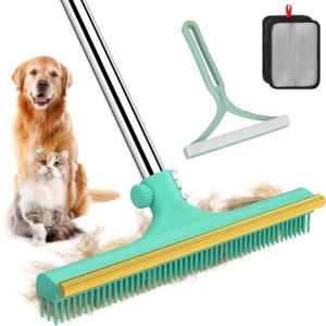 Carpet Rake for Pet Hair Removal - 60" Adjustable Long Handle Carpet Rake, 3 in 1 Reusable Pet Hair Removal Tool Kit, Cat Dog Fur Rakes Scraper Carpet Broom for Carpets, Rugs, Mats (Green)