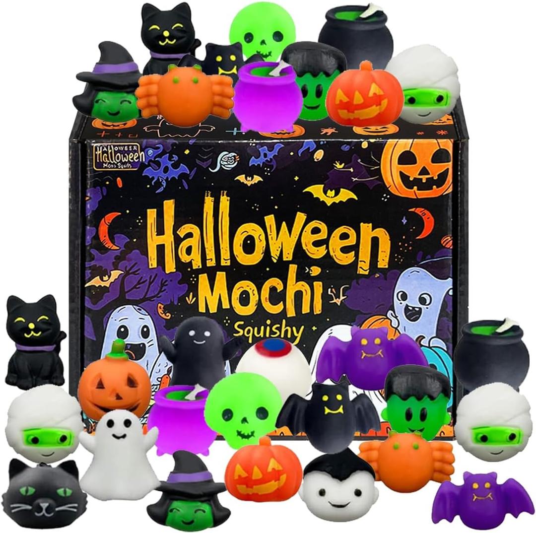 24 Pcs Halloween Mochi Squishy Toys with Gift Box Mini Kawaii Mochi Squeeze Toy Stress Reliever Anxiety Packs for Kids Party Favors Halloween Miniatures Halloween Treat Bags Gifts