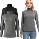 Femdouce Womens Turtleneck Long Sleeve Shirt Lightweight Slim Pullover Basic Undershirts Active Turtle Neck T-Shirts 2 Pack (L)