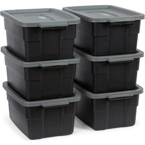 Rubbermaid 6-Pack Heavy Duty Durable 3 GAL Totes for Storage with Snap Lids and Handles, Plastic Storage Bins Stackable Black Gray for Home and Garage (3 GAL - 6 Pack Solid Black and Grey)