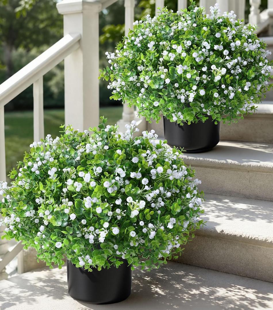 Fake Plants Artificial Flowers for Outdoors Decor, 2 Pack Fake Potted Plants Baby Breath With Green Eucalyptus Look Real UV Resistant Artificial Greenery with Pot for Outside Porch Garden Patio Yard