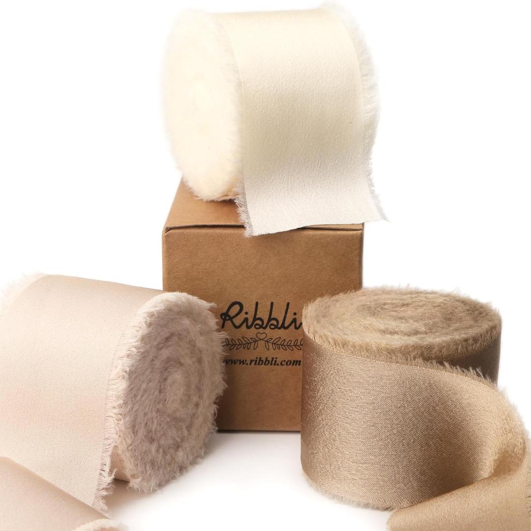 Ribbli Ivory Champagne Silk Satin Ribbon 1.5 Inch x 30 Yard Handmade Frayed Chiffon Ribbon for Gift Wrapping Wedding Invitations Bridal Bouquets Home Decor
