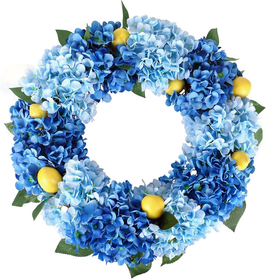 Kmise Summer Spring Wreath for Front Door,26" Big Blue Hydrangea Lemon Wreath for Door Window Hanging Wedding Party Dcor