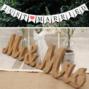 Wooden Letters & Banner for Wedding - Just Married & Mr. & Ms. Decoration - Champagne Gold