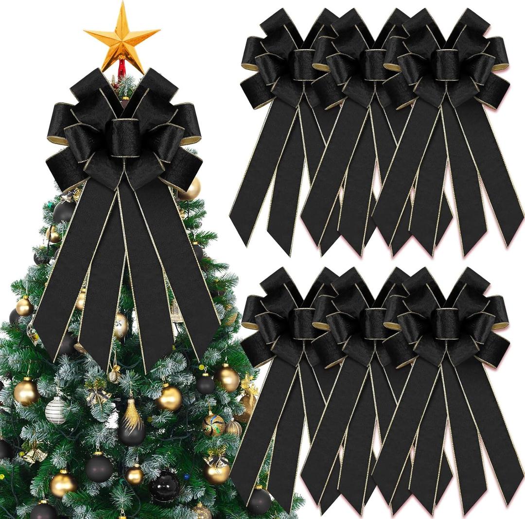 Yinkin 6 Pack Christmas Velvet Wreath Bows 11.4"x19.6" Large Christmas Tree Topper Bow for Winter Xmas Home Party Front Door Fireplace Stairs Railing Mailbox Decor (Black)