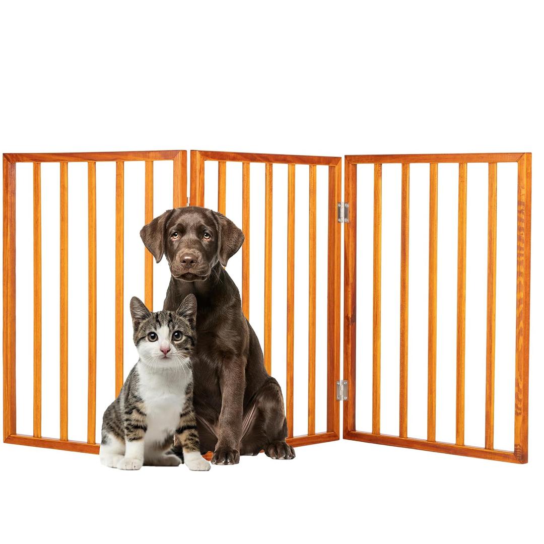 Pet Gate - 3-Panel Indoor Foldable Dog Fence for Stairs or Doorways - 54x24-Inch Retractable Wood Freestanding Dog Gates by PETMAKER (Mahogany)
