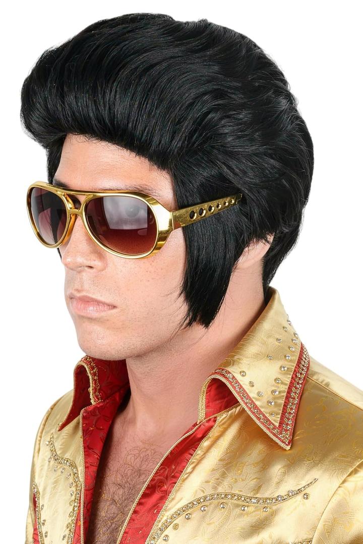 Men's Costume Wig Black Short Disco Wig 50s Rock Singer Wigs for Halloween Party Cosplay