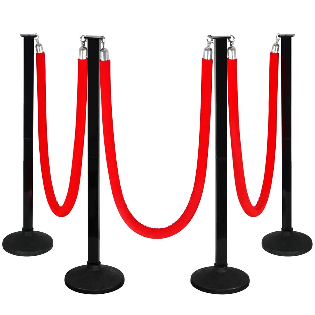 4 Pack Stanchions Post with Velvet Rope, Crowd Control Stanchions, Queue Pole for for Movie Theater, Party Supplies(Red)