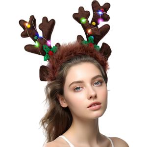 2 x LOVESTOWN Light Up Reindeer Antlers Headband, Christmas Reindeer Headband LED Plush Reindeer Headband for Christmas Party Costume