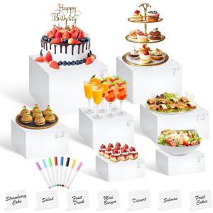 5 x 7Pcs White Acrylic Buffet Risers with Mini Sign and Marker, Food Display Risers for Party Catering Dessert Jewelry Collectibles,Acrylic Cube Nesting Boxes with Hollow Bottoms(8" 7.5" 7" 6.8" 6" 5" 5")