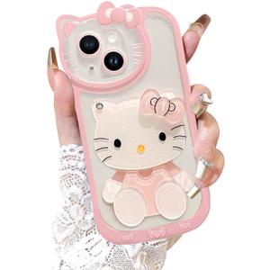 for iPhone 14 Kawaii Cartoon Cute Pink Phone CaseBuilt-in Makeup Mirror for Women Girls, Soft Transparent Protective Pink Phone Case