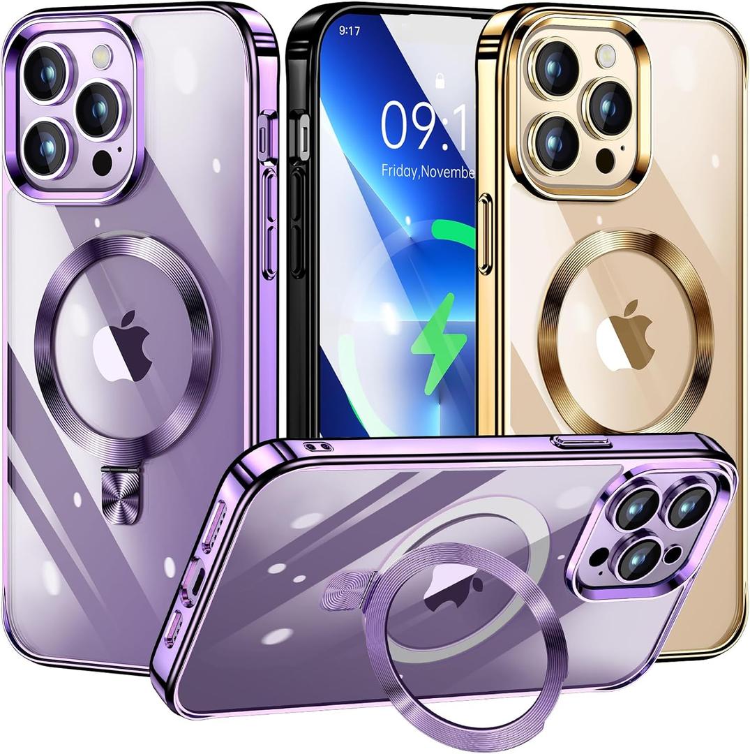 [CD Loop Compatible with MagSafe Invisible Ring Stand]Magnetic for iPhone 13 Pro Max Case, [Electroplated Bumper Non-Yellowing][Look as Bare iPhone]Slim Clear Case with Holder for Women Men Girls (Purple)
