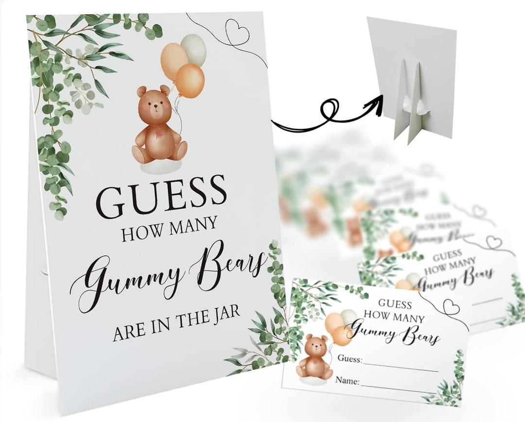 How Many Gummy Bears Are in the Jar - 1 Standing Sign and 50 Guessing Cards, Greenery Baby Shower Game for Boys Girls, Birthday Party Supplies and Decorations-01