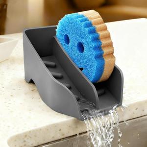 Sponge Holder for Scrub Daddy Mommy Kitchen Sink with Drain Spout, Large Soap Dish, Sink Caddy Organizer, Dishwasher Safe, Kitchen Accessories (Grey)