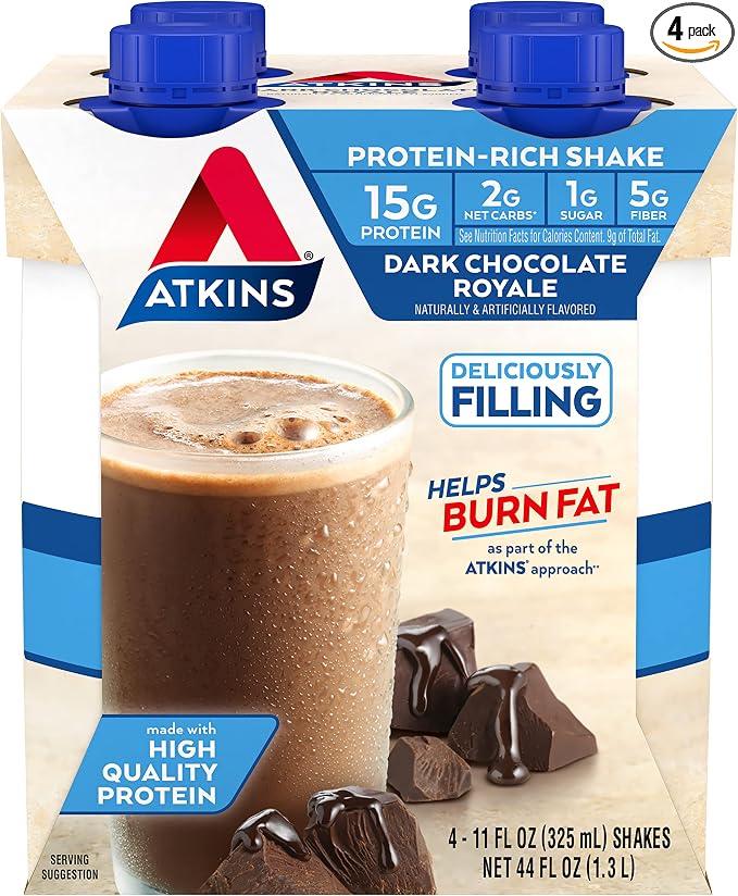 Atkins Dark Chocolate Royale Protein-Rich Shake. Rich and Creamy with Protein. Keto-Friendly and Gluten Free. (4 Shakes), 11 Fl Oz
, Best By 09/16/2026