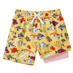 Cozople Boy Swim Trunk with Stretchy Compression Liner Beach Quick Dry Waterproof Shorts Swimuits Novelty Fish Graphic Swimwear with Mesh Pocket 7-8 Years