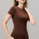 MCEDAR Womens Seamless Soft Smoothing T-Shirts Short Sleeve Slim Fit Basic Tees Crew Neck Casual Shirts (Brown, L)