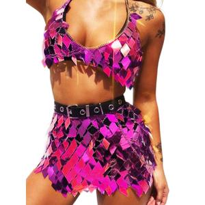 Aukmla Women Sequin Rave Outfits Dance Body Chain Skirt with Top Nightclub Outfit