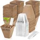 2 x 50-Set Seed Starter Kit (150 PCS Total), 3" Square Biodegradable Peat Pots with 50 Humidity Domes & 50 Labels, Nursery Pots for Fall Garden & Indoor Herb Seedlings Germination, Small