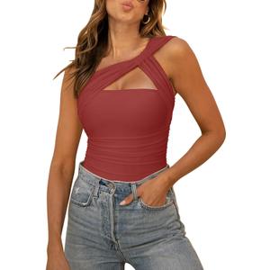 REORIA Womens Sexy One Shoulder Asymmetrical Leopard Print Mesh Ruched Backless Going Out Bodysuits Tops, S