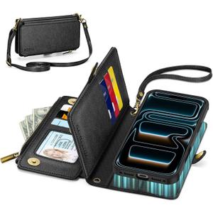 TUCCH Removable Crossbody Case Wallet for iPhone 17 Pro 2025, 9 Card Slot RFID Blocking, Stand, Lanyard, Wrist Strap, Wireless Charging, Zipper Pocket, PU Leather, Magnetic Flip Cover, Textured Black