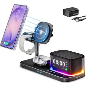 Qi2.2 25W Magnetic Charging Station for Samsung S26 Ultra,Alarm Clock/Night Light/Bluetooth Speaker,6-in-1 Fast Wireless Charger Compatible with Magsafe for S26 Plus/S25/Z Fold7 & Galaxy Watch 8/7/6