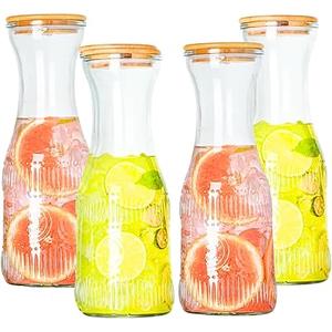 Glass Carafe Pitchers with Lids, Set of 4 1 Liter Embossed Designed Beverage Pitcher Carafe Set for Mimosa Bar, Juice Container for Brunch, Cold Water, Juice -With 4 Wooden Chalkboard Tags