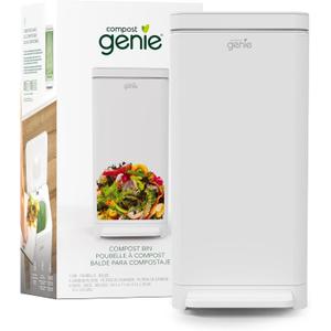 Compost Genie Kitchen Compost Bin, White Stainless-Steel Large, 3.6 Gallon, Indoor Odorless Composting, Hands-Free, Washable Parts, Includes 8 Tear-Off Compostable Bags and 4 Carbon Filters
