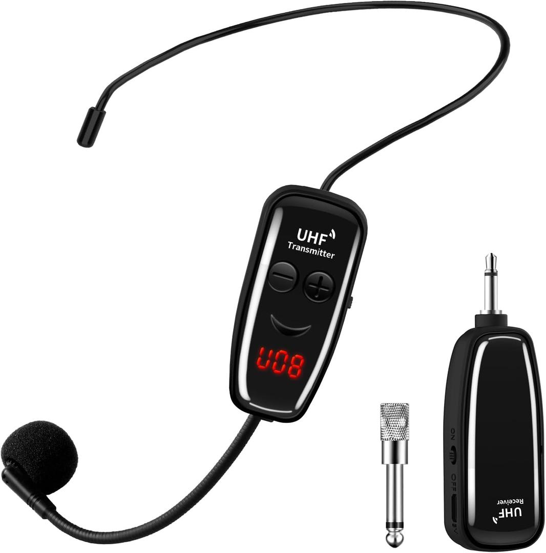 Wireless Microphone Headset, UHF Head Mic Speaker System, Professional Voice Amplifier Headset Microphones, with LED Digital Display, for Teaching Fitness Instructor Tour Guide