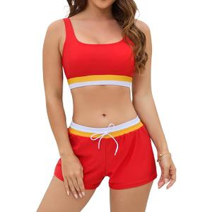 Cromi Women Two Piece Athletic Swimsuits, High Waisted Bikini Set Sporty Crop Top with Boy Shorts Bathing Suits for Teen, Size: M